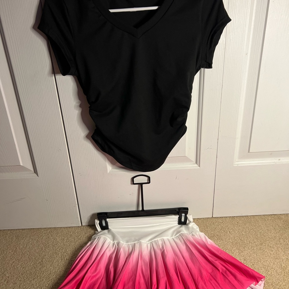 Black V-Neck Top and Pink Ombre Skirt Set